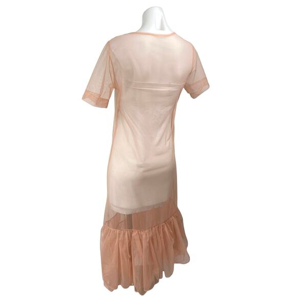 Women's Peach Orange Short Sleeve Sheer See Trough Organza Ruffle Maxi Dress S - Picture 5 of 6